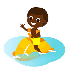Summer holiday child cartoon style.The boy sits on a water scooter and floats on the water.  Vector illustration isolated on white background. Mood of happiness and joy.