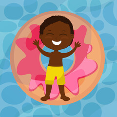 A happy boy lies on an inflatable donut shaped on the water. Summer holiday cartoon style top view. The child is wearing shorts and smiling.