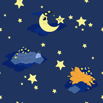 Seamless pattern moon and sleeping sun and sleeping cloud in nightcaps in the night sky. Pattern for pajamas, bed for children, clothes in children's flat style.