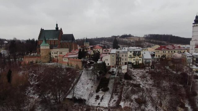 Medieval walls, historic buildings of Biecz town in Lesser Poland, aerial view