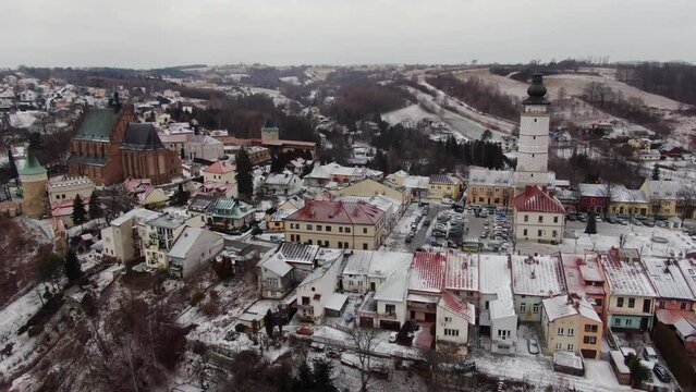 Biecz old town in Lesser Poland, aerial panorama in snowy winter