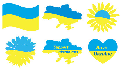 silhouettes of national flag and map of Ukraine - set of yellow and blue vector design elements