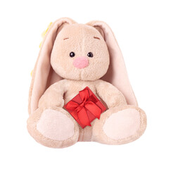 Plush rabbit with a red gift. Easter Bunny.
