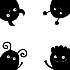 Monster icon set in the corner frame. Happy Halloween. Kawaii cute cartoon baby character. Funny face head body. Black silhouette. Flat design. White background.