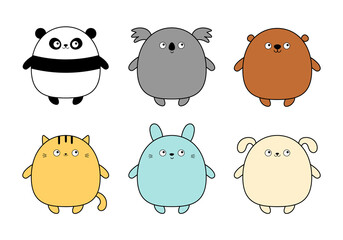 Cute cat kitten kitty bunny rabbit hare dog puppy panda koala bear set. Funny face. Kawaii cartoon baby character. Round contour icon. Notebook cover, tshirt. White background. Flat design.