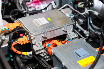 Battery pack in EV electronic car. Motor engine for vehicle car in future