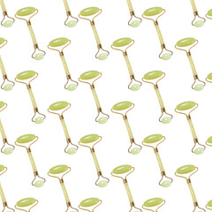 Seamless pattern with jade massage roller on white.
