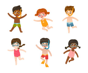 Cute diving kids set. Collection of cartoon children divers with snorkeling mask. Swimming underwater babies bundle.