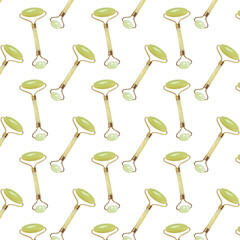 Seamless pattern with jade massage roller on white.