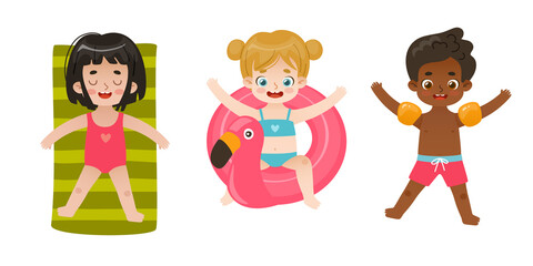 Set of happy children on summer beach. Adorable kids on vacations. Cartoon babies resting on the sea.