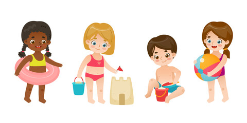 Happy kids playing on the beach set. Collection of adorable children on the summer vacations.