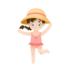 Pretty baby girl in straw hat and swimwear. Adorable child in beachwear. Smiling kid in swimsuit.