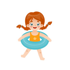 Cute girl jumping with inflatable ring. Adorable red hair kid in swimwear with rubber ring.
