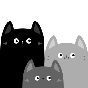 Black gray cat head face set. Different size big small middle. Cats family. Cute cartoon funny character. Pet baby collection. Greeting card. Sticker print. Flat design. White background Isolated