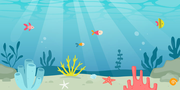 Underwater cartoon background. Tropical ocean floor view. Coral reef with algae and fishes.