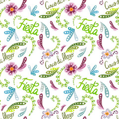Obraz premium Watercolor pattern, lettering, botanical bright elements on a white background. Seamless pattern in Mexican style