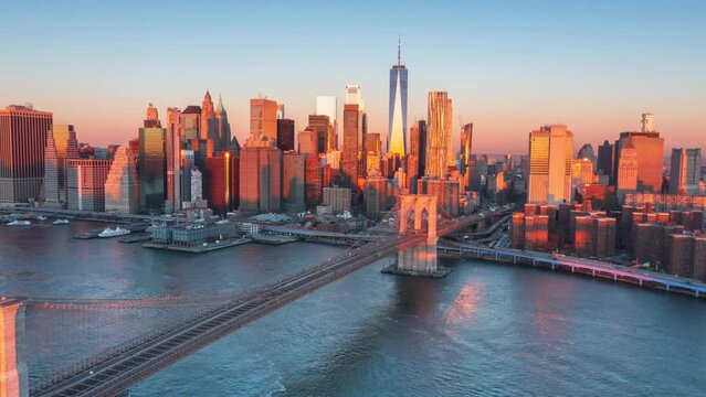 Aerial Hyperlapse over Downtown Manhattan at sunrise