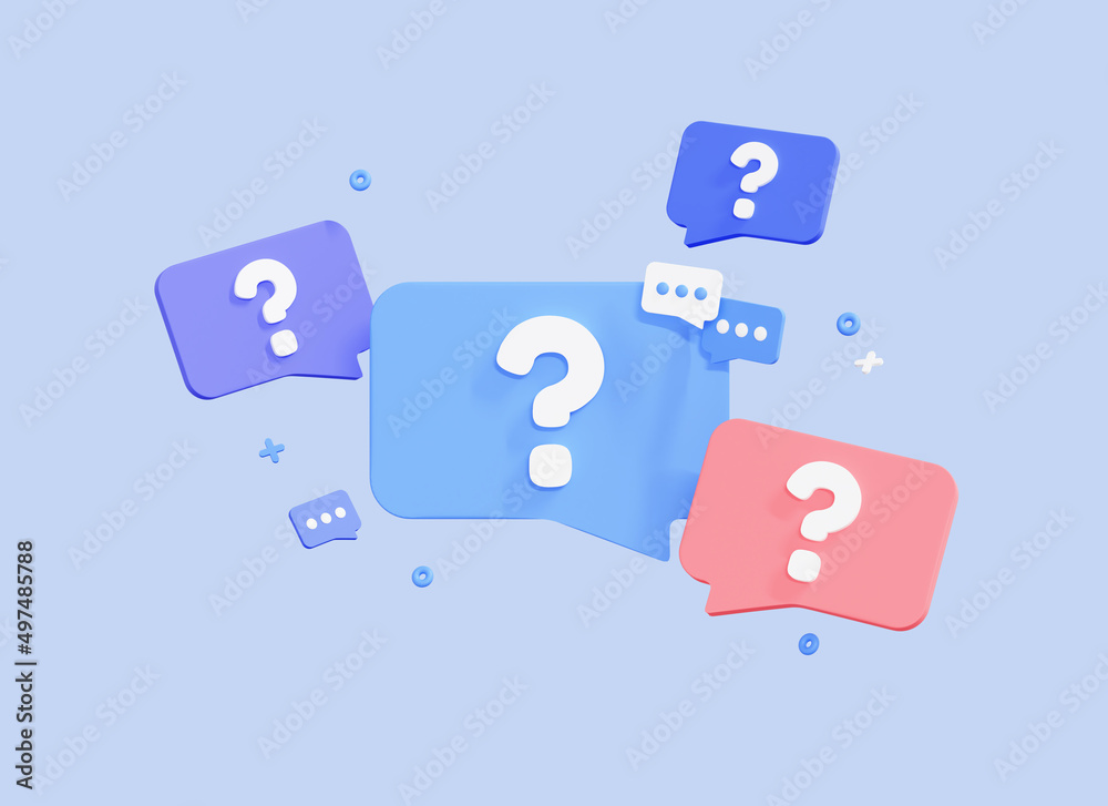 Fototapete 3d question mark on speech bubble icons. message box with question sign. faq symbol concept. cartoon