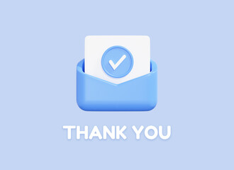 Thank you web banner template with letter envelope and check mark. Online voting, email confirmations, completed order. Thank you for purchase. Mail concept. Isolated on blue background. 3D Rendering
