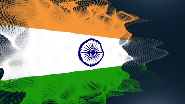 The national flag of India made of digital particles in a seamless loop on black background. Perfect for project that depicts India history, culture, and people.