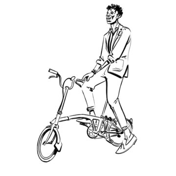 Male Of African Descent Sitting Relaxed On A Folding Bike. The Kind Of Portable Bicycle That You Can Take On A Bus Or Train. 