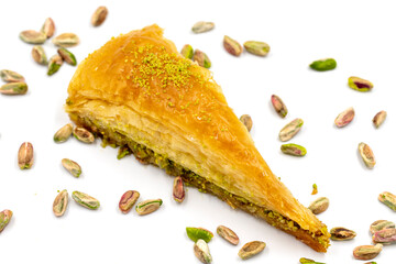 Carrot slice baklava on a white background. Traditional Mediterranean cuisine delicacies. close-up pistachio baklava. Local name havuc dilim baklava