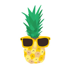 Cartoon flat pineapple in sunglasses isolated on white background