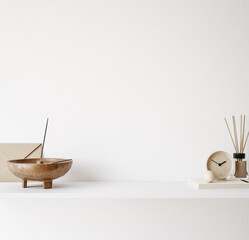 Interior wall mockup close up in neutral minimalist scandi style with decor on shelf, 3d render © artjafara