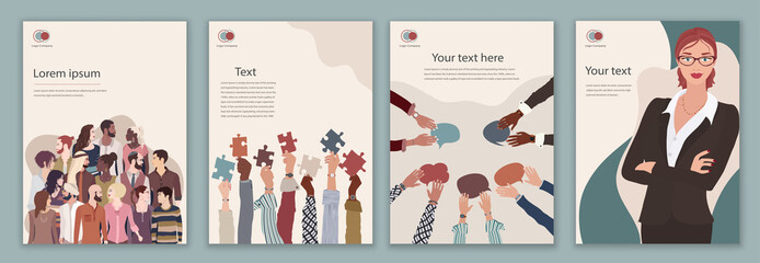 Communication between a group colleague or co-workers diversity and multicultural.Teamwork or brainstorming round table. Editable brochure template flyer leaflet cover poster. Company