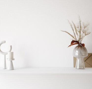 Interior wall mockup close up in neutral minimalist scandi style with decor on shelf, 3d render