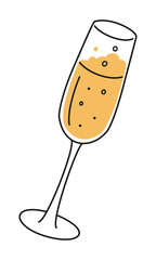 Hand drawn cute cartoon illustration glass of champagne or sparkling wine. Flat vector alcohol drink cocktail sticker in simple colored doodle style. Holiday celebration party icon or print. Isolated.