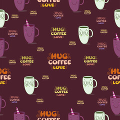 Cute seamless pattern on dark burgundy background with cozy coffee and cute lettering. Hand drawn delicious drinks and funny lettering. Texture for scrapbooking, wrapping paper, invitations.