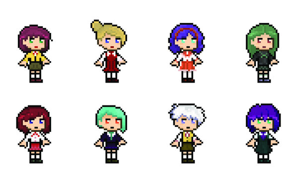 Big set of pixel cute female students, school uniform, retro anime character