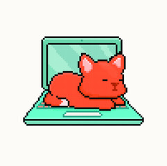 Pixel orange cat sleeping on laptop, cute pet design print for web and games