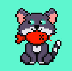 Pixel adorable cat with fish, cute pet animal
