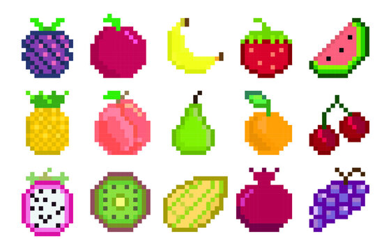 Pixel exotic fruits. Cartoon stylized fruit icons for 2D game, 8