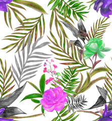 Flowers rose with leaves, watercolor, illustration for background. Seamless pattern
