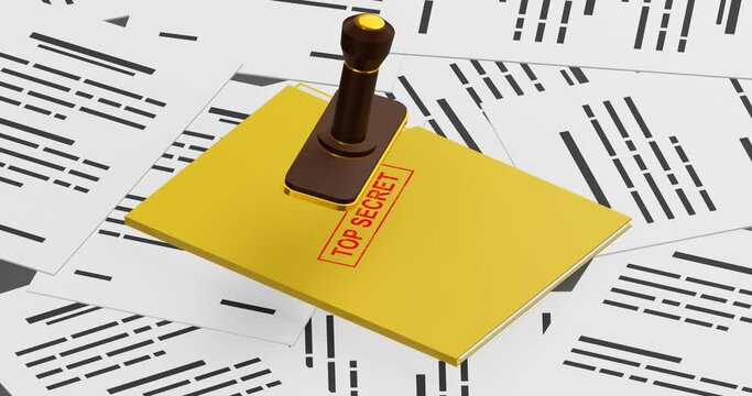 Secret documents. Folder with classified materials on a background of files. Red stamp animation. Hidden truth. Military, police secret documents. 4k animation in cartoon style. 3d render.
