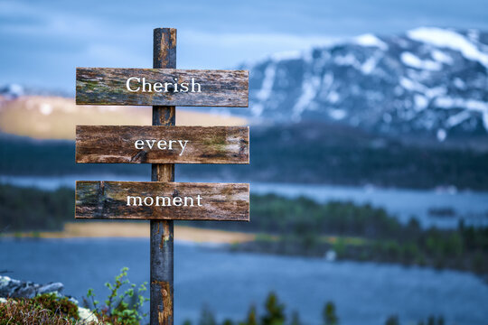 cherish every moment text quote written on wooden signpost outdoors in nature with lake and mountain scenery in the background. Moody feeling.