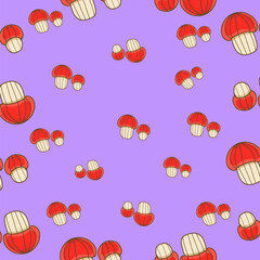 Cute seamless pattern on lilac background with cozy mushrooms. Hand drawn autumn mushrooms. Texture for scrapbooking, wrapping paper, invitations.