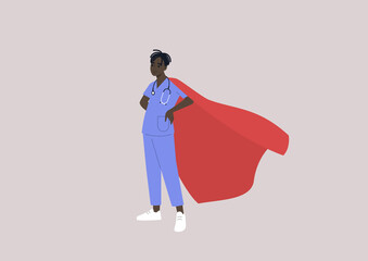 A young male African doctor wearing a red cape, superheroes at work