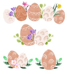 Cute Easter cards with funny bunny, eggs, floral compositions, plants, leaves, flowers. Hello Easter greeting cards in boho style