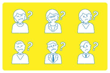 首をかしげているいろいろな人8　高齢者と若者　線画