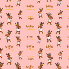 Obraz na płótnie Canvas Cute seamless pattern on pink background with cozy, easter bunny and cute lettering. Hand drawn easter bunny and funny lettering. Texture for scrapbooking, wrapping paper, invitations.
