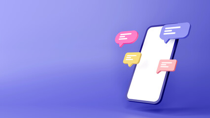 3d cartoon smartphone, with bubble chat, mobile phone mockup, 3d render illustration.