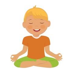 Children boy meditation. Kids yoga, relax, breathing lessons.Vector catoon illustration.