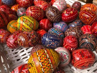Fototapeta na wymiar Bohemian Hand painted Easter eggs for sale