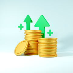 3d illustration gold coin stacks growing graph, on blue background, growing financial, business investment and saving money concept, 3d render illustration