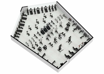 3D Floor plan of a gym, 3D illustration. Open concept gym layout. Floor plan of a gym top view 3D illustration. Open concept gym layout.