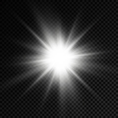 Obraz premium White glowing light star, burst sun rays.